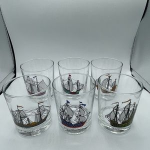 Vtg 6 Nautical Schooner Clipper Sailing Ship Whiskey Low Ball Drink Glasses Bar